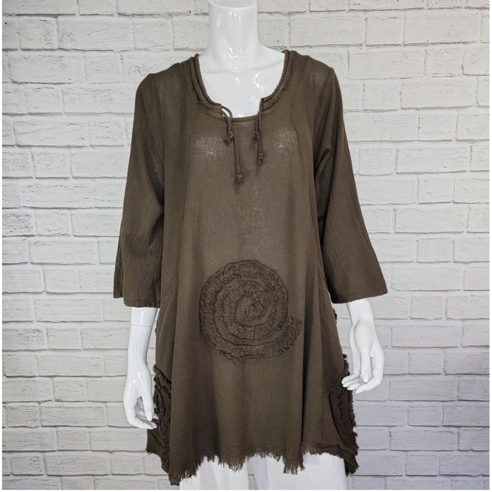 Oh My Gauze Cotton Circle Tunic Top Size 2 L XL Fringe Hem Lagenlook Artsy Brown
